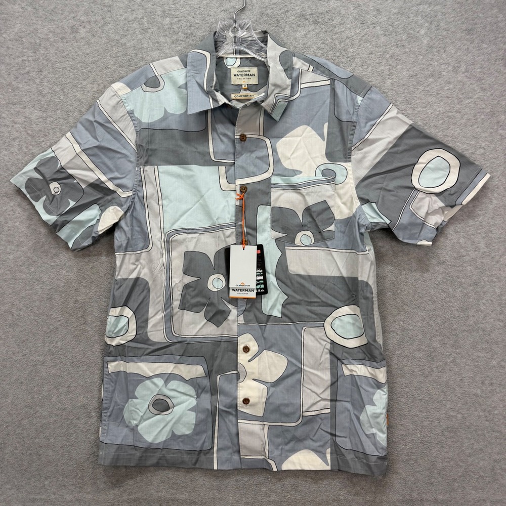 Quiksilver Waterman Shirt Mens Medium Gray Blue Floral Beach Hawaiian Aloha NEW